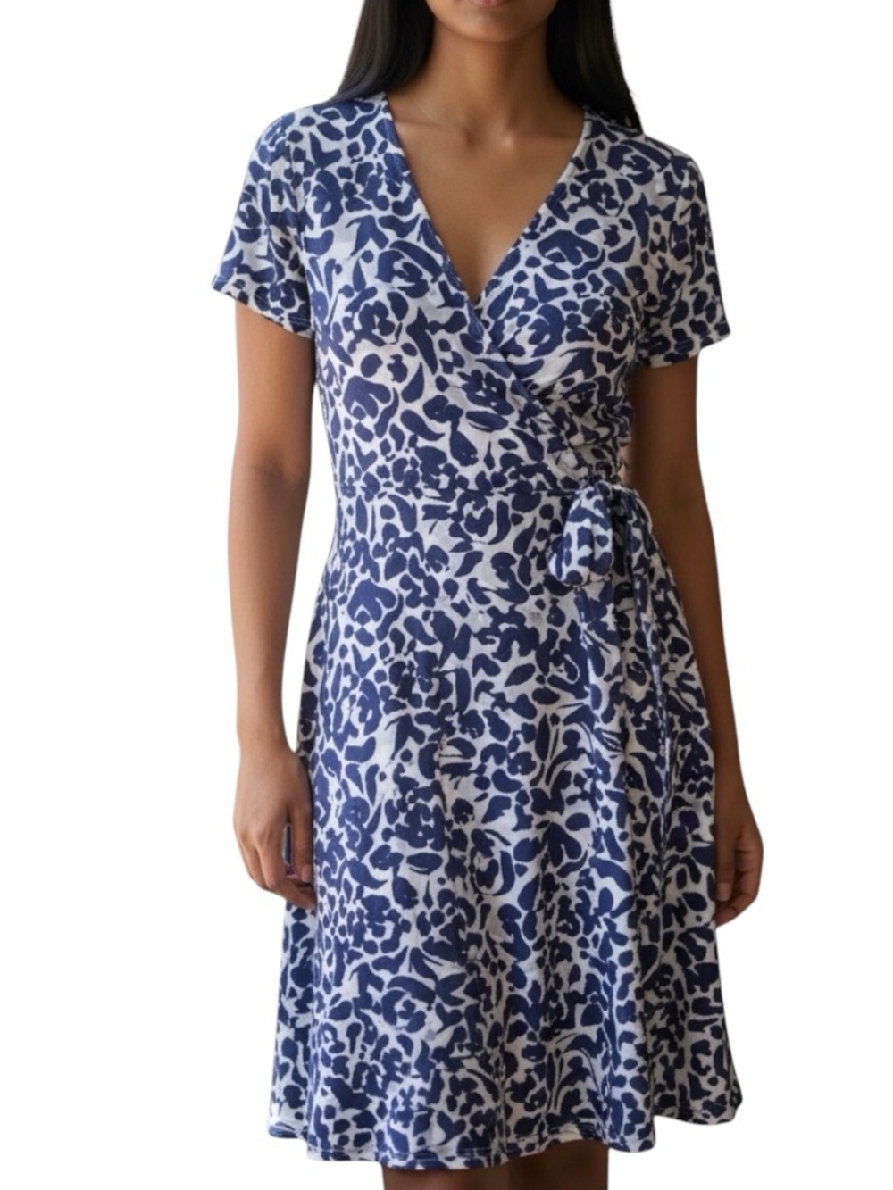 Leota Lavender Purple Abstract Pattern Waist Tie V Neck Midi Dress